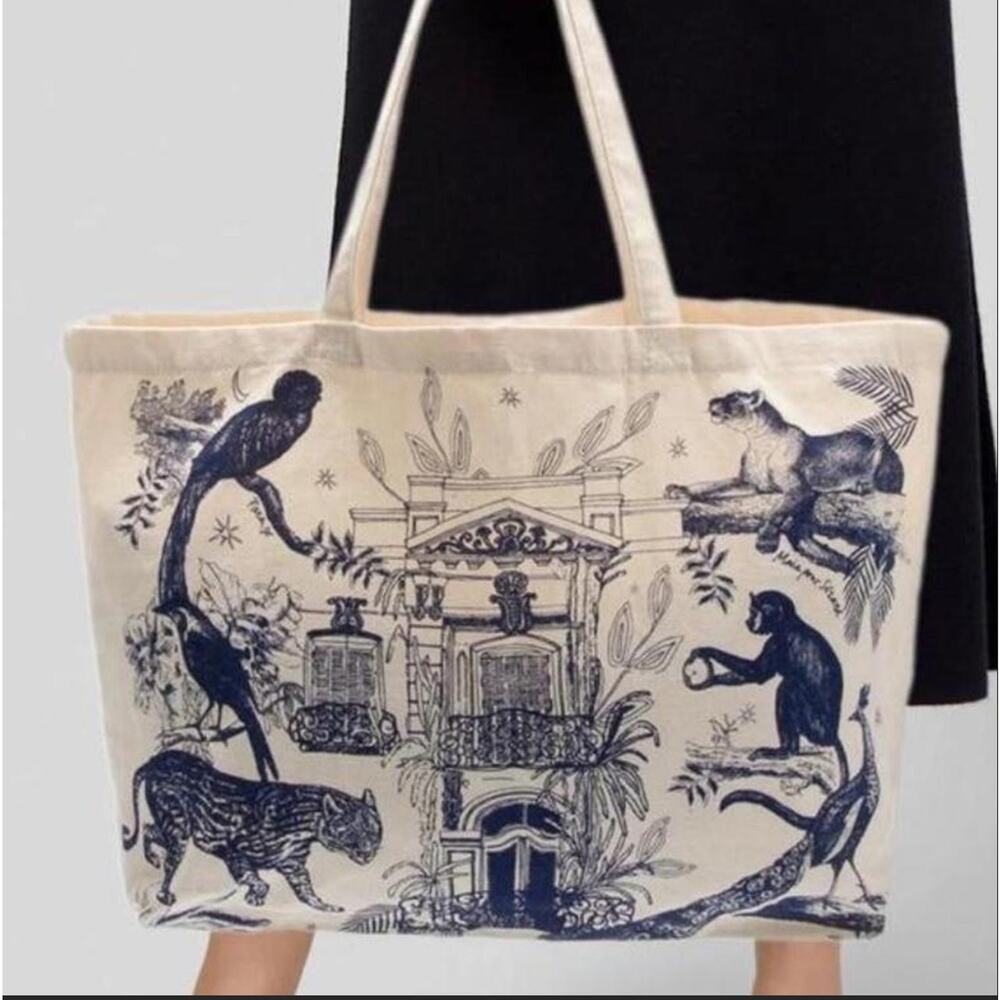 Sezane White Blue Jungle Cotton Canvas Paraiso Shoulder Tote Bag Animal Print